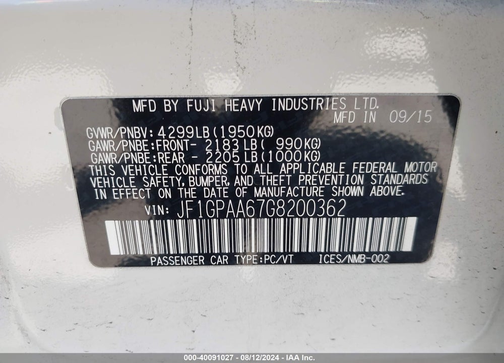 2016 SUBARU IMPREZA 2.0I VIN: JF1GPAA67G8200362