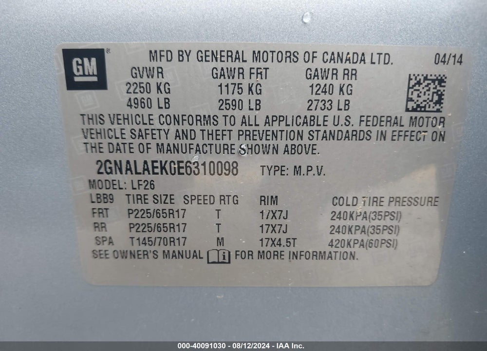 2014 CHEVROLET EQUINOX LS VIN: 2GNALAEK0E6310098