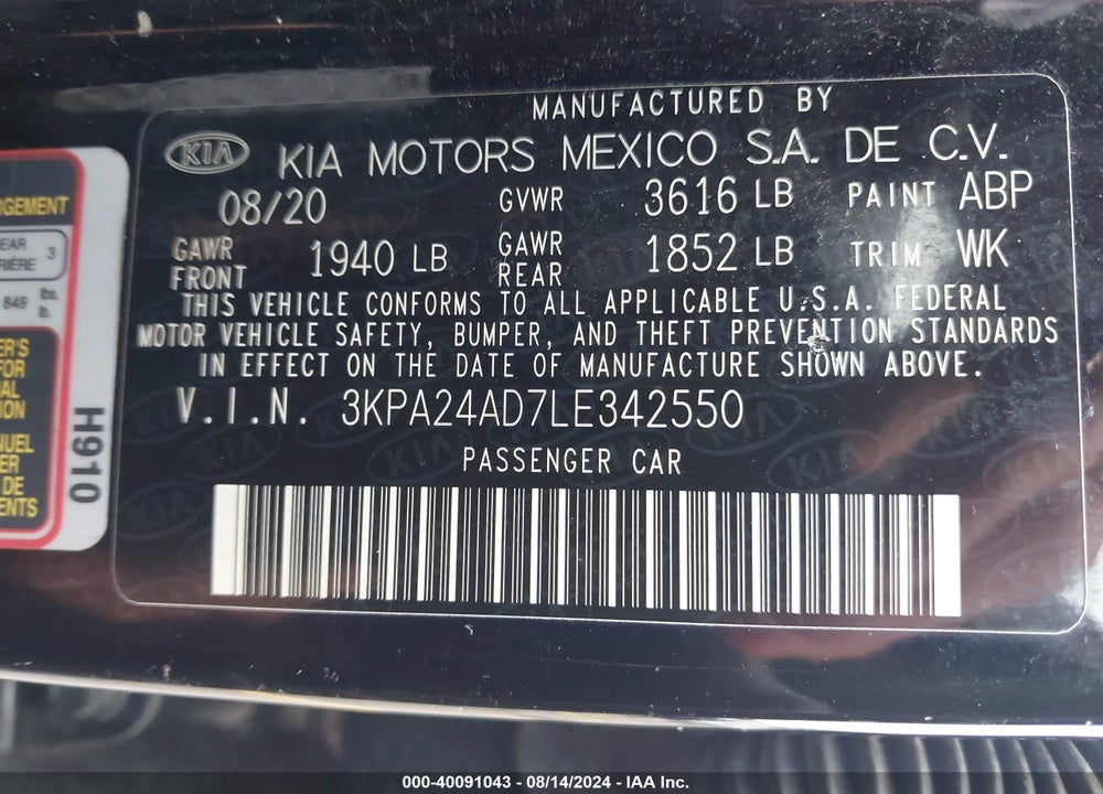 2020 KIA RIO LX VIN: 3KPA24AD7LE342550