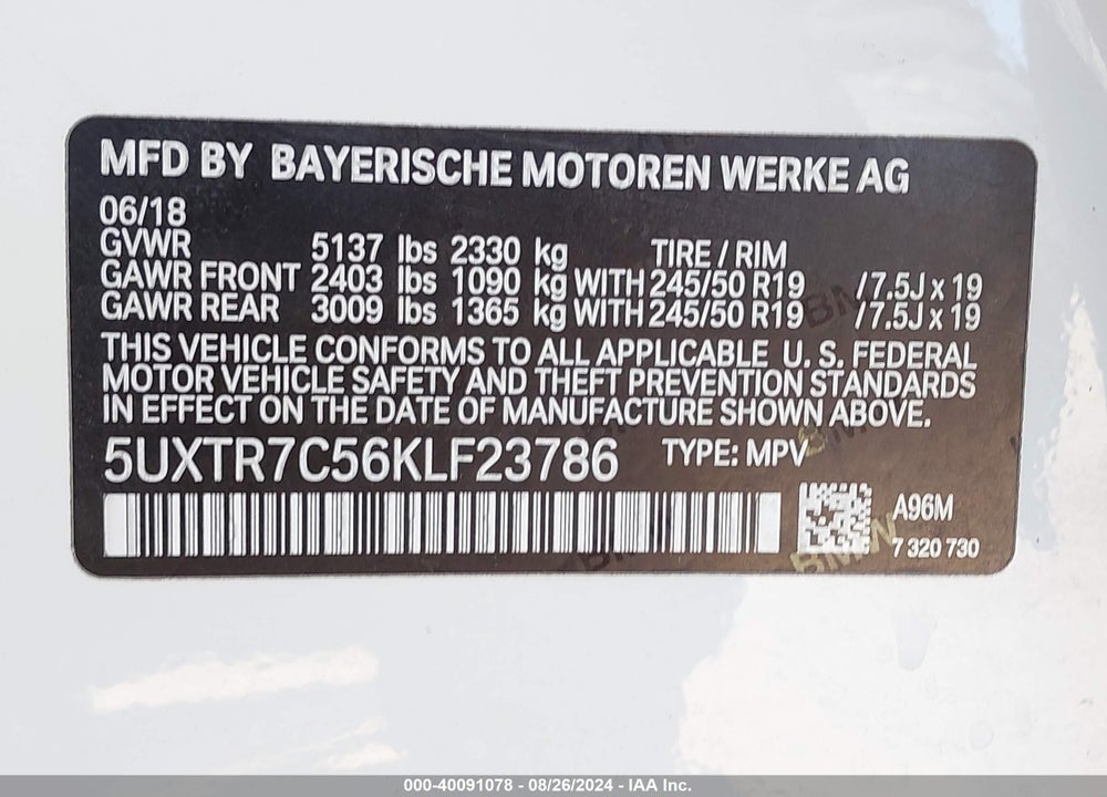 2019 BMW X3 SDRIVE30I VIN: 5UXTR7C56KLF23786