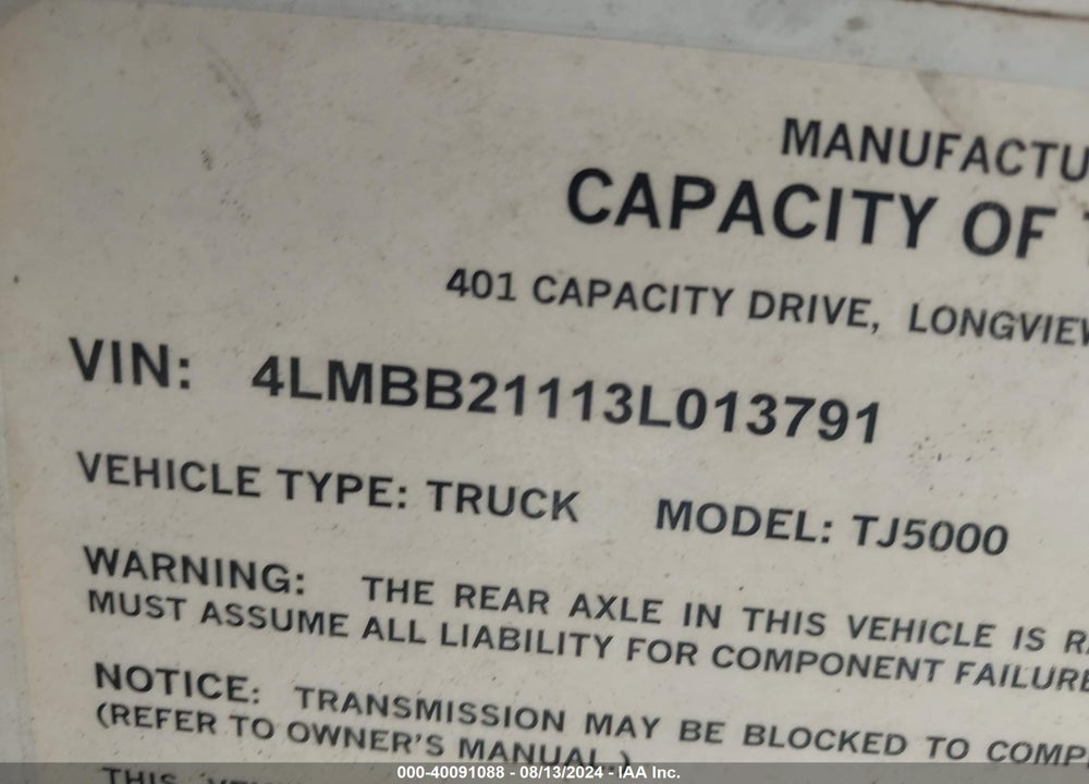 2003 CAPACITY OF TEXAS TJ5000 VIN: 4LMBB21113L013791