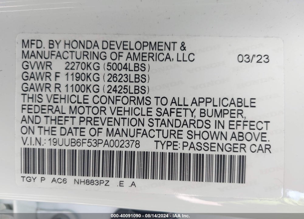 2023 ACURA TLX A-SPEC PACKAGE VIN: 19UUB6F53PA002378