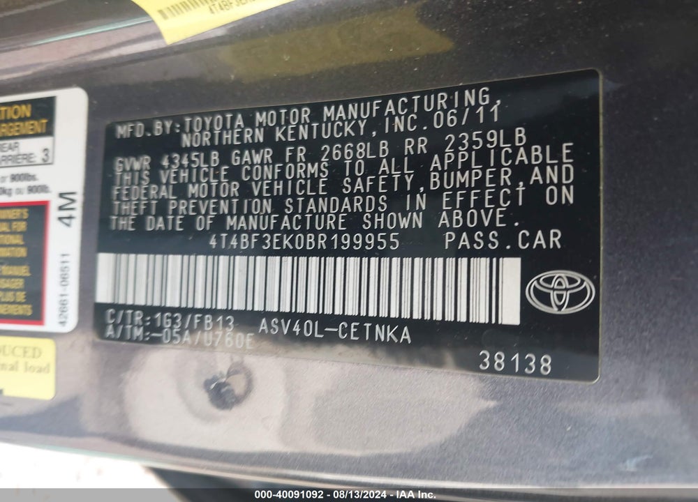 2011 TOYOTA CAMRY VIN: 4T4BF3EK0BR199955