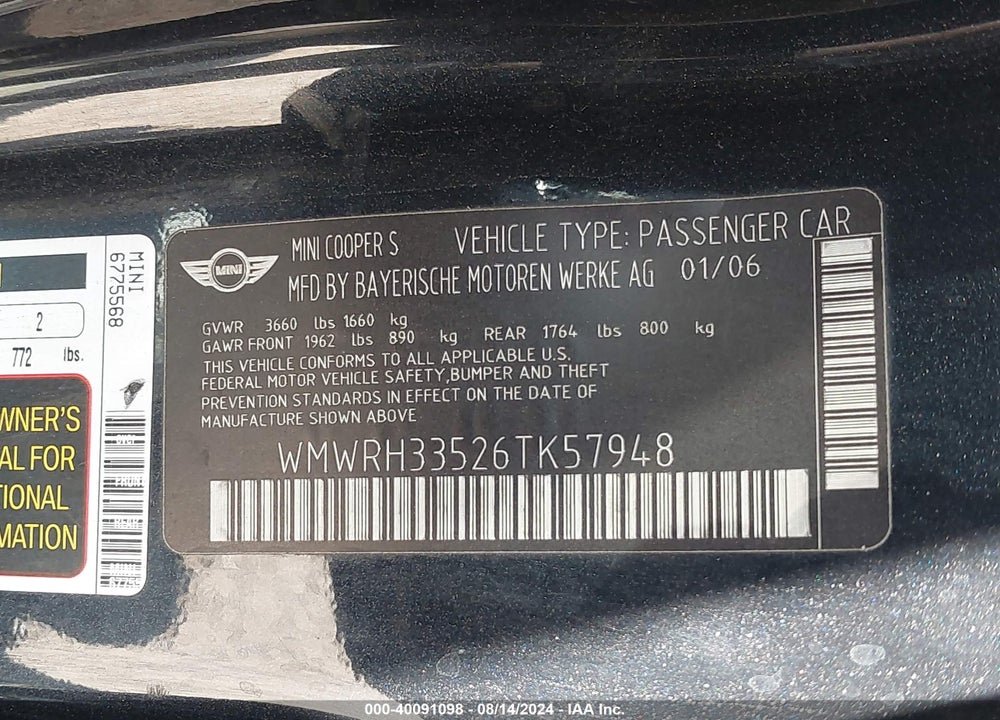 2006 MINI COOPER S VIN: WMWRH33526TK57948