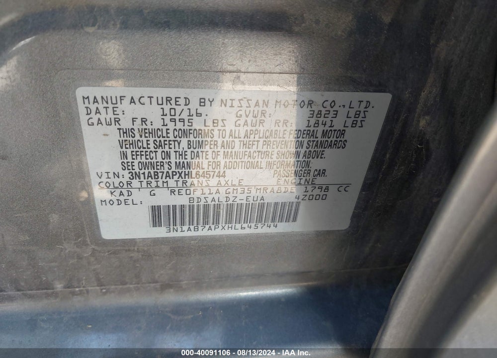 2017 NISSAN SENTRA SV VIN: 3N1AB7APXHL645744