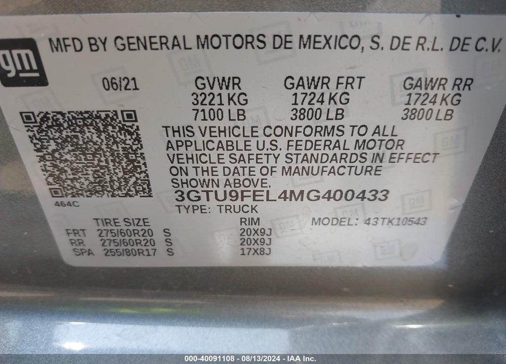2021 GMC SIERRA 1500 4WD SHORT BOX DENALI VIN: 3GTU9FEL4MG400433