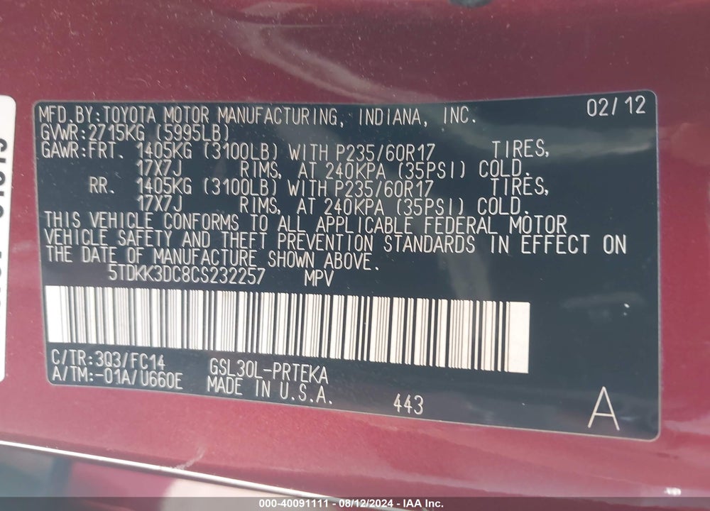 2012 TOYOTA SIENNA LE V6 8 PASSENGER VIN: 5TDKK3DC8CS232257