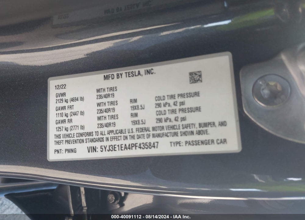 2023 TESLA MODEL 3 REAR-WHEEL DRIVE VIN: 5YJ3E1EA4PF435847