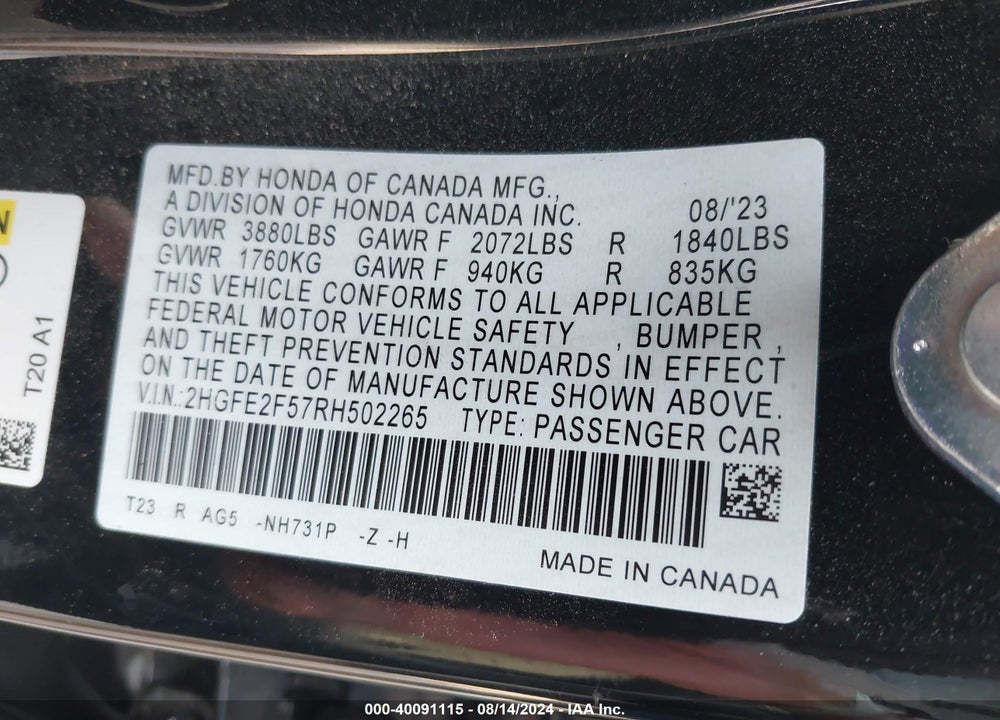 2024 HONDA CIVIC SPORT VIN: 2HGFE2F57RH502265