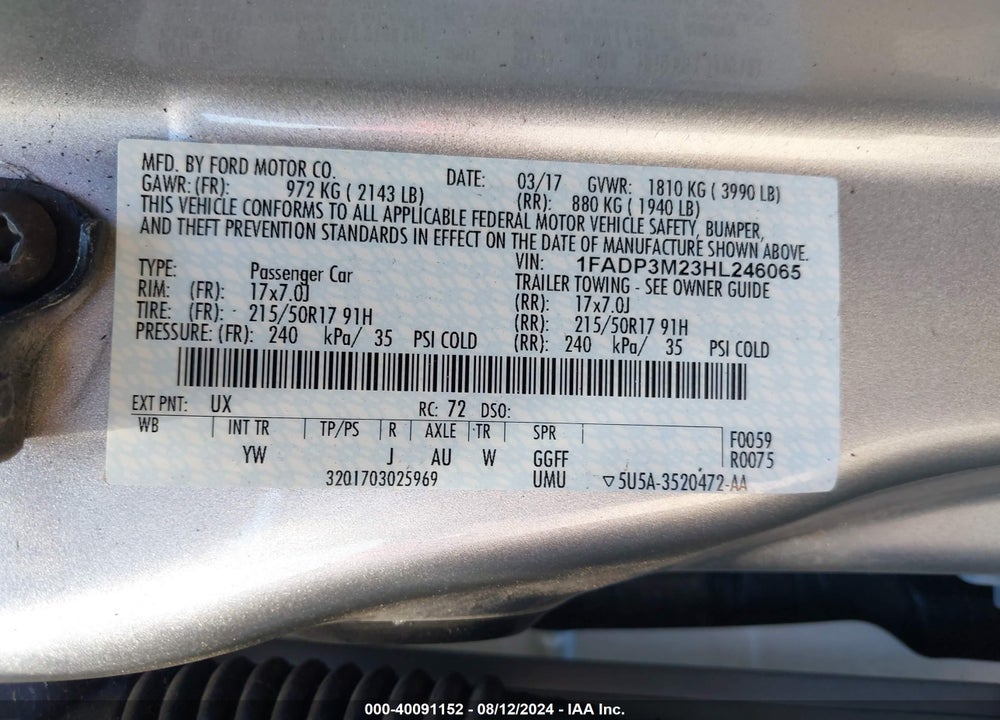 2017 FORD FOCUS SEL VIN: 1FADP3M23HL246065