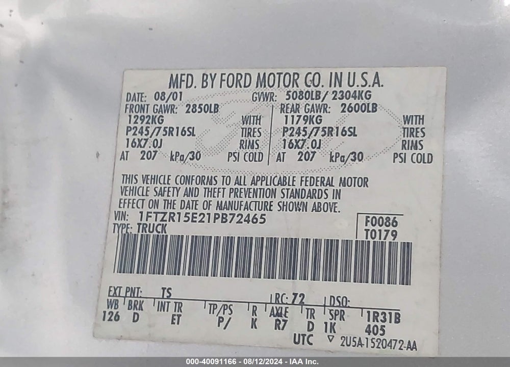 2001 FORD RANGER EDGE/XLT VIN: 1FTZR15E21PB72465