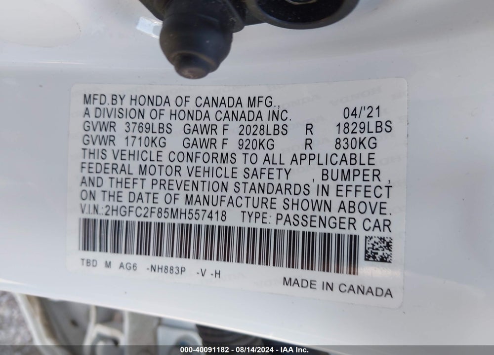 2021 HONDA CIVIC SPORT VIN: 2HGFC2F85MH557418