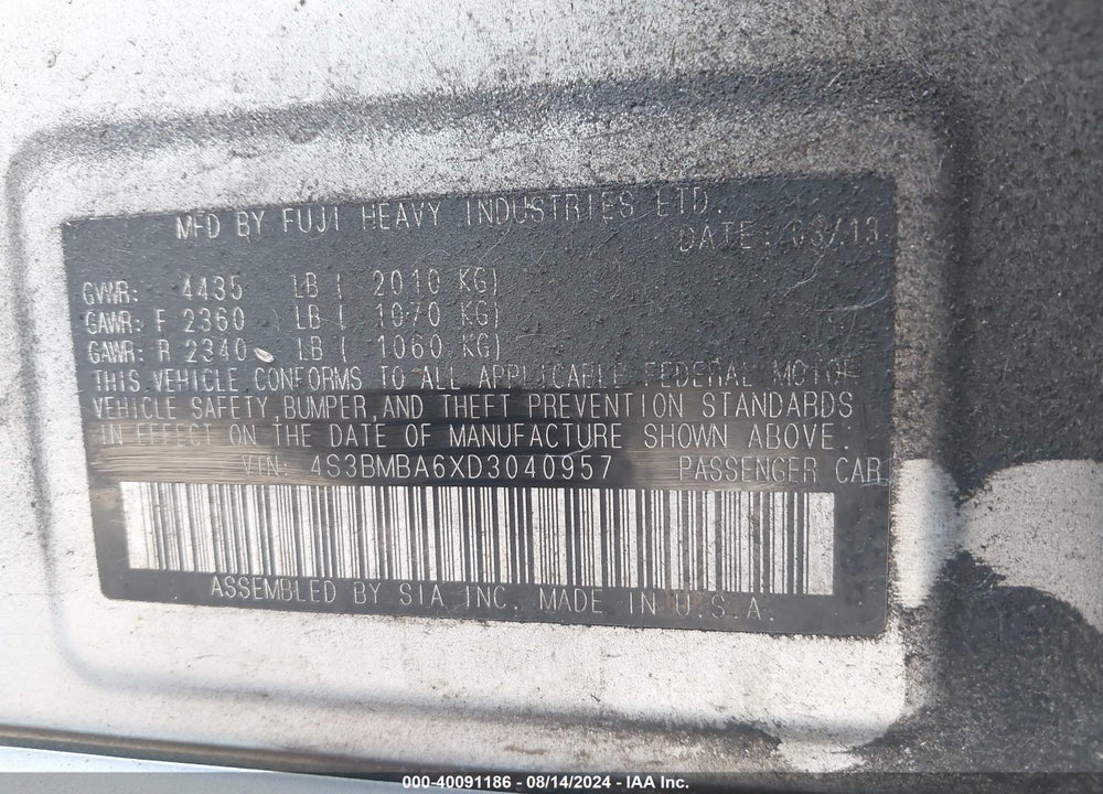 2013 SUBARU LEGACY 2.5I VIN: 4S3BMBA6XD3040957