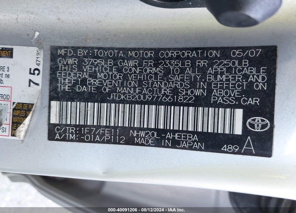 2007 TOYOTA PRIUS VIN: JTDKB20U977661822