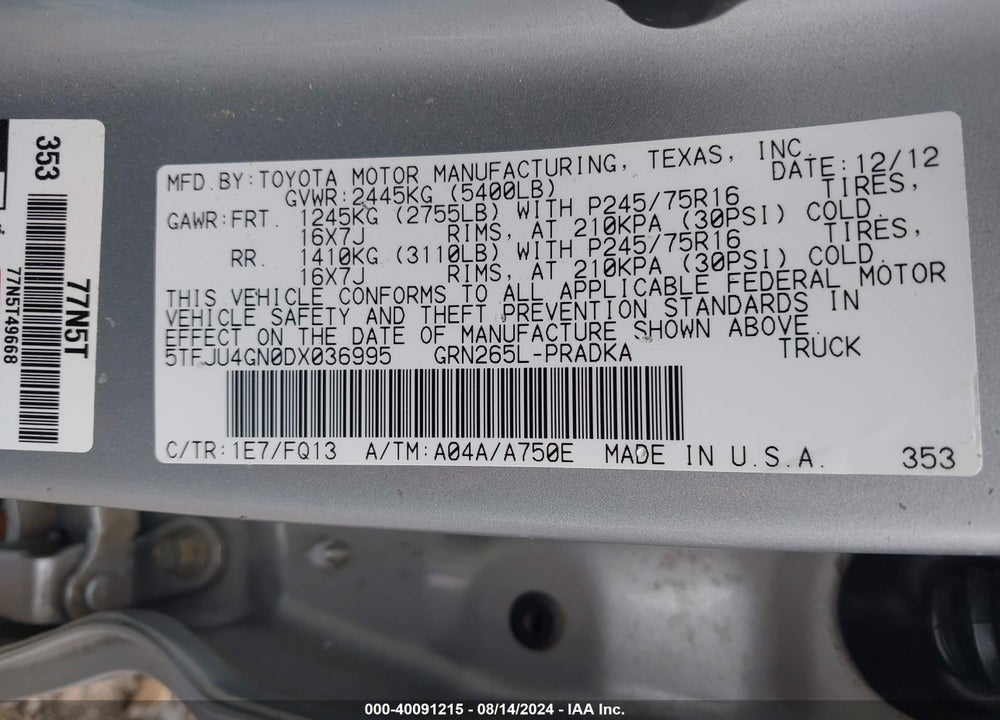 2013 TOYOTA TACOMA PRERUNNER V6 VIN: 5TFJU4GN0DX036995