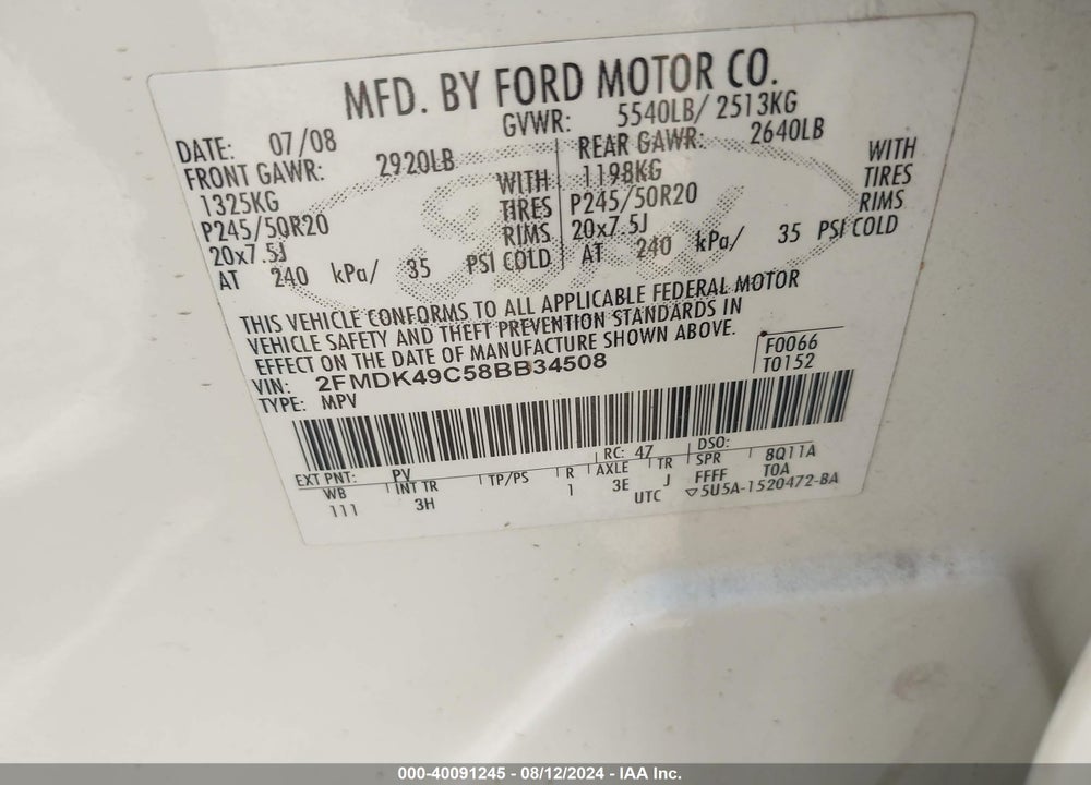 2008 FORD EDGE LIMITED VIN: 2FMDK49C58BB34508