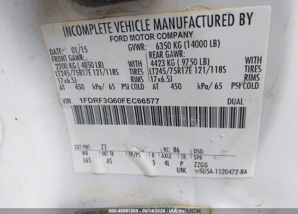 2015 FORD F-350 CHASSIS XL VIN: 1FDRF3G60FEC66577