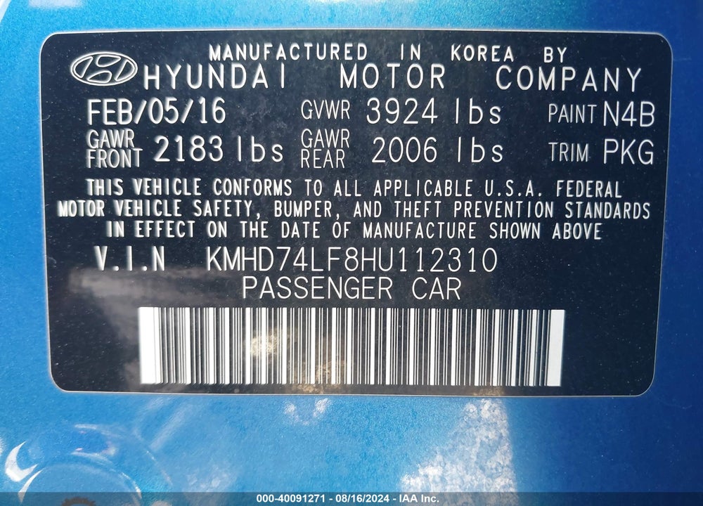 2017 HYUNDAI ELANTRA SE VIN: KMHD74LF8HU112310