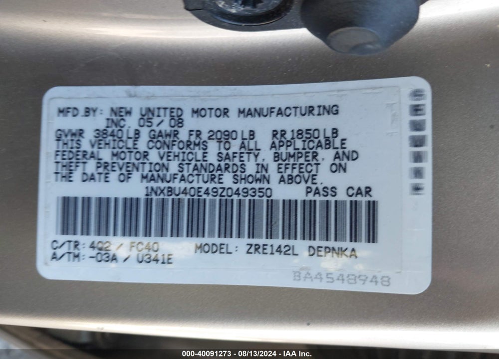 2009 TOYOTA COROLLA XLE VIN: 1NXBU40E49Z049350