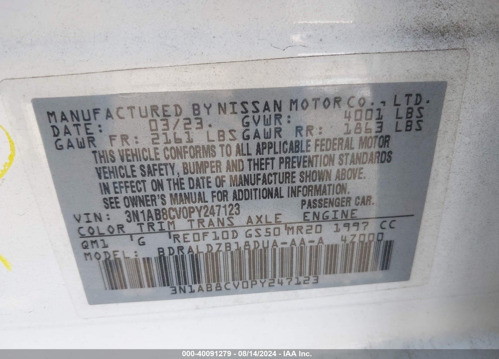 2023 NISSAN SENTRA VIN: 3N1AB8CV0PY247123