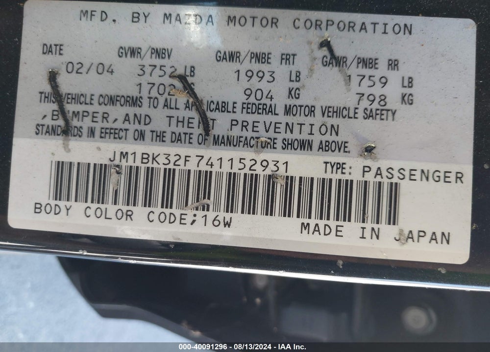 2004 MAZDA 3 I VIN: JM1BK32F741152931