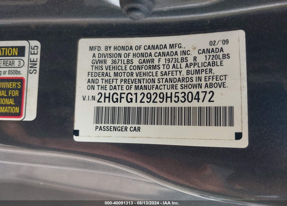 2009 HONDA CIVIC EX-L VIN: 2HGFG12929H530472