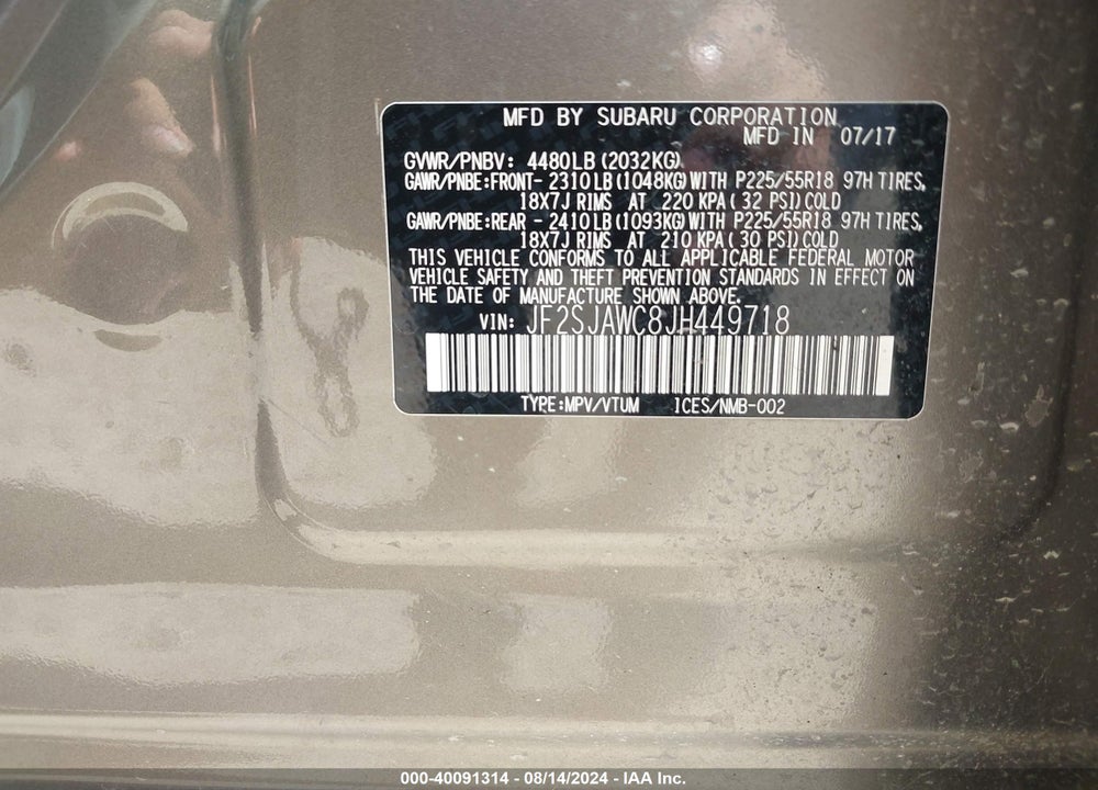 2018 SUBARU FORESTER 2.5I TOURING VIN: JF2SJAWC8JH449718