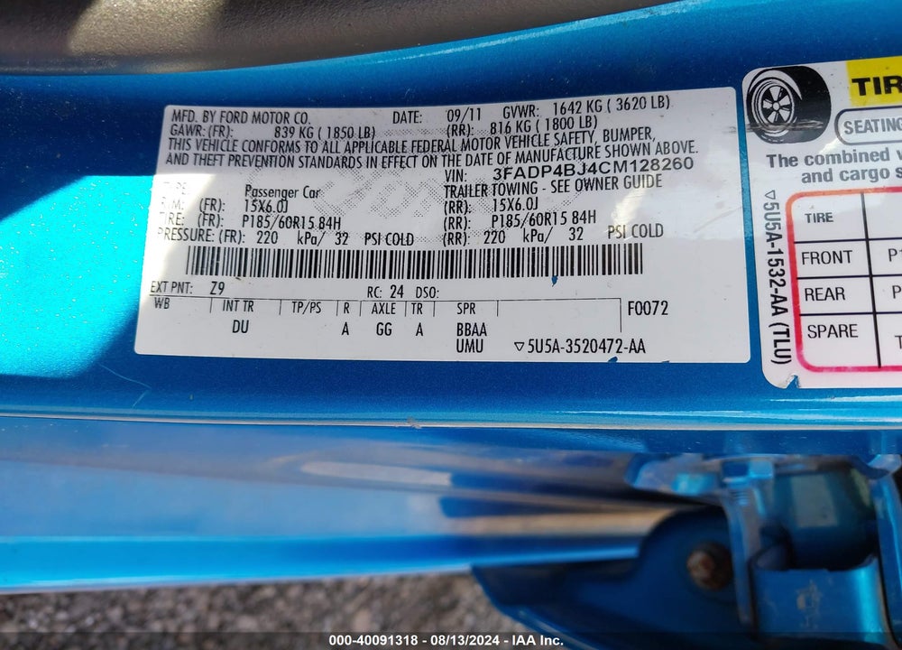 2012 FORD FIESTA SE VIN: 3FADP4BJ4CM128260