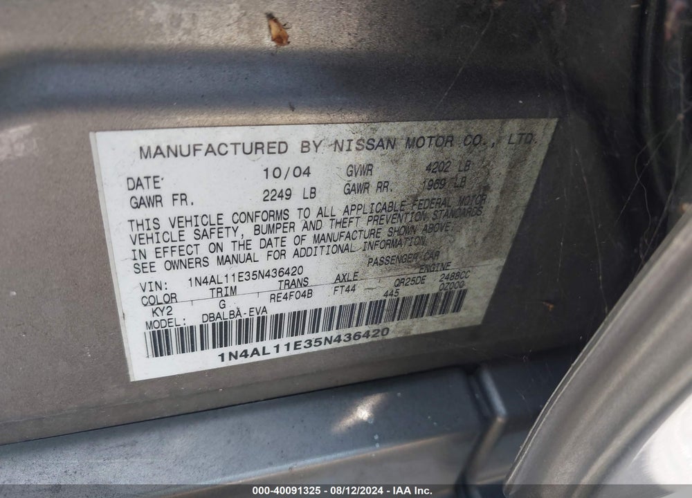 2005 NISSAN ALTIMA 2.5 S VIN: 1N4AL11E35N436420