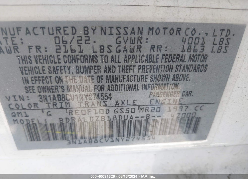 2022 NISSAN SENTRA SV XTRONIC CVT VIN: 3N1AB8CV1NY274554