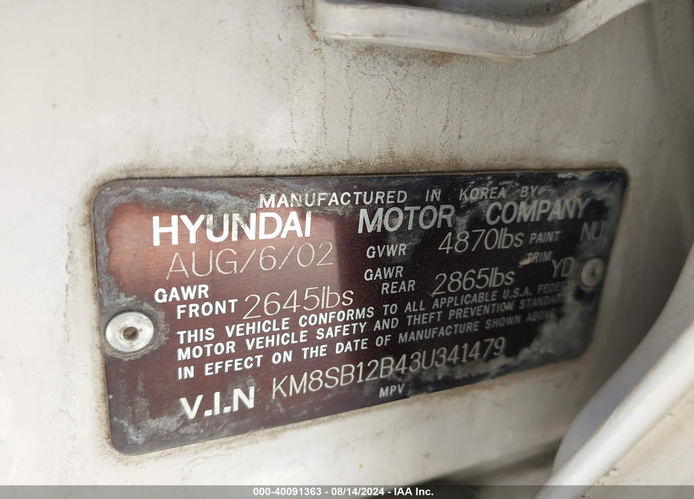 2003 HYUNDAI SANTA FE VIN: KM8SB12B43U341479