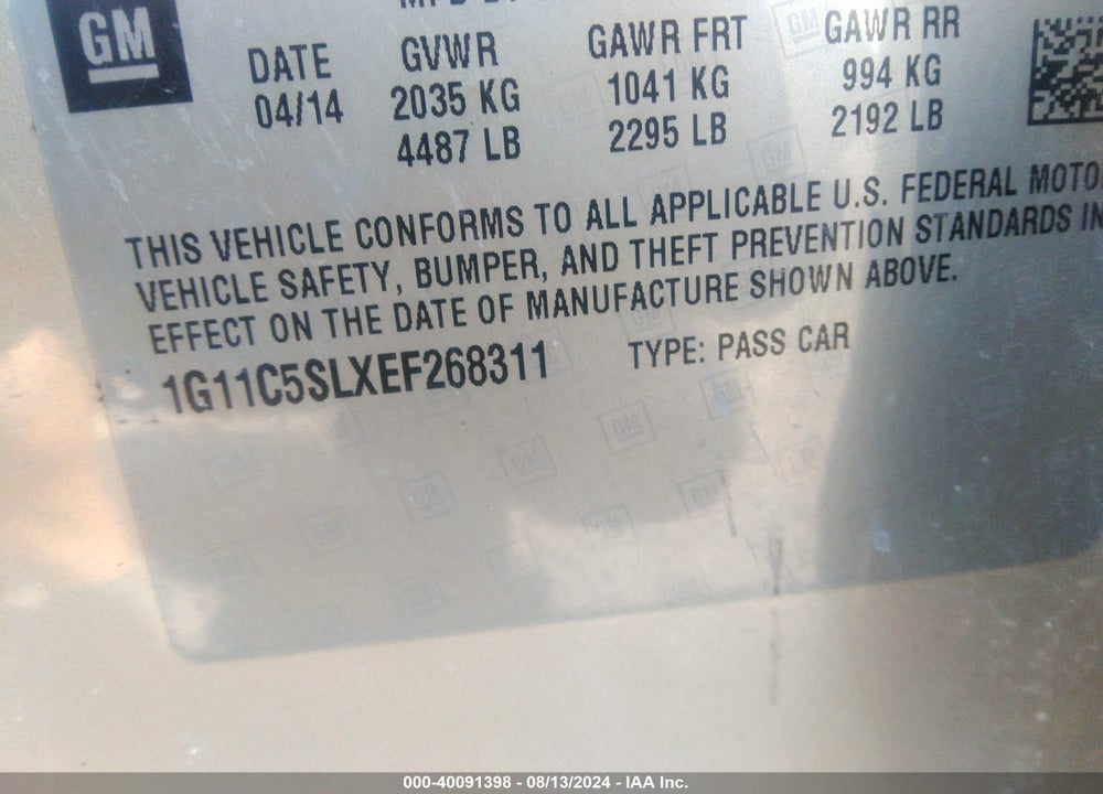 2014 CHEVROLET MALIBU 1LT VIN: 1G11C5SLXEF268311