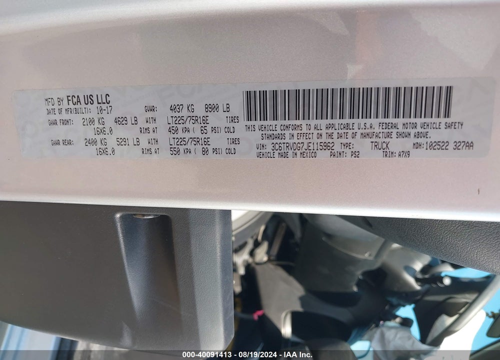 2018 RAM PROMASTER 2500 HIGH ROOF 159 WB VIN: 3C6TRVDG7JE115962
