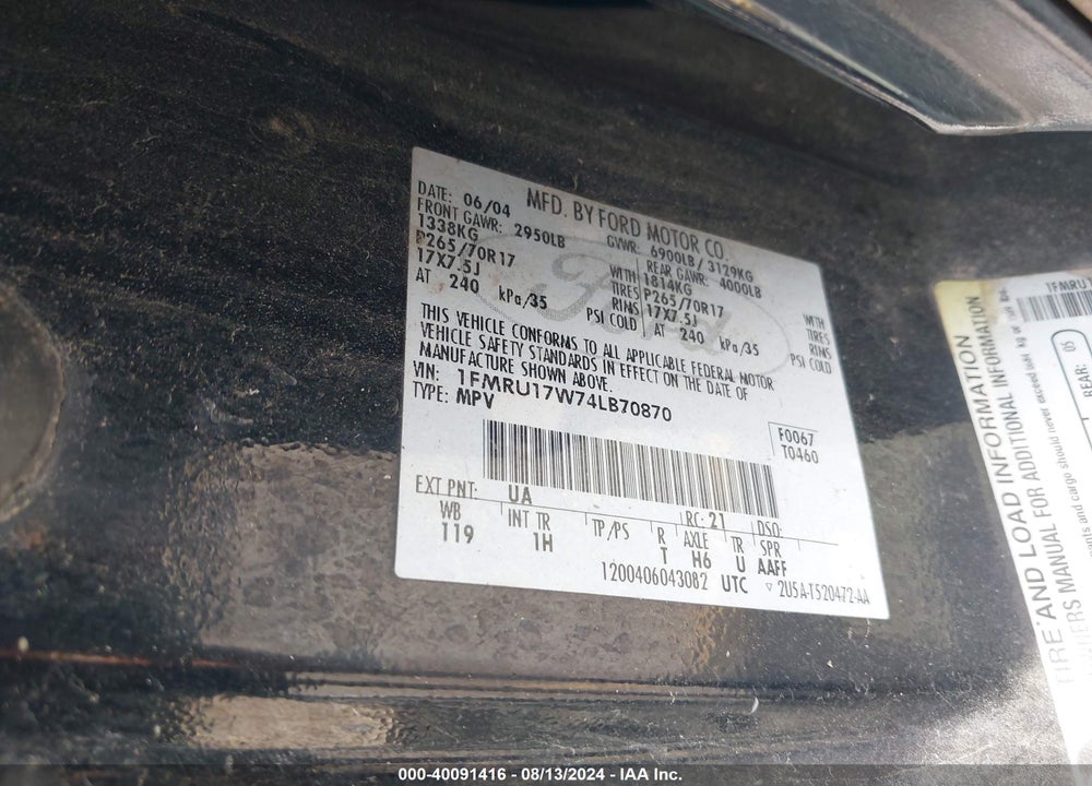 2004 FORD EXPEDITION EDDIE BAUER VIN: 1FMRU17W74LB70870