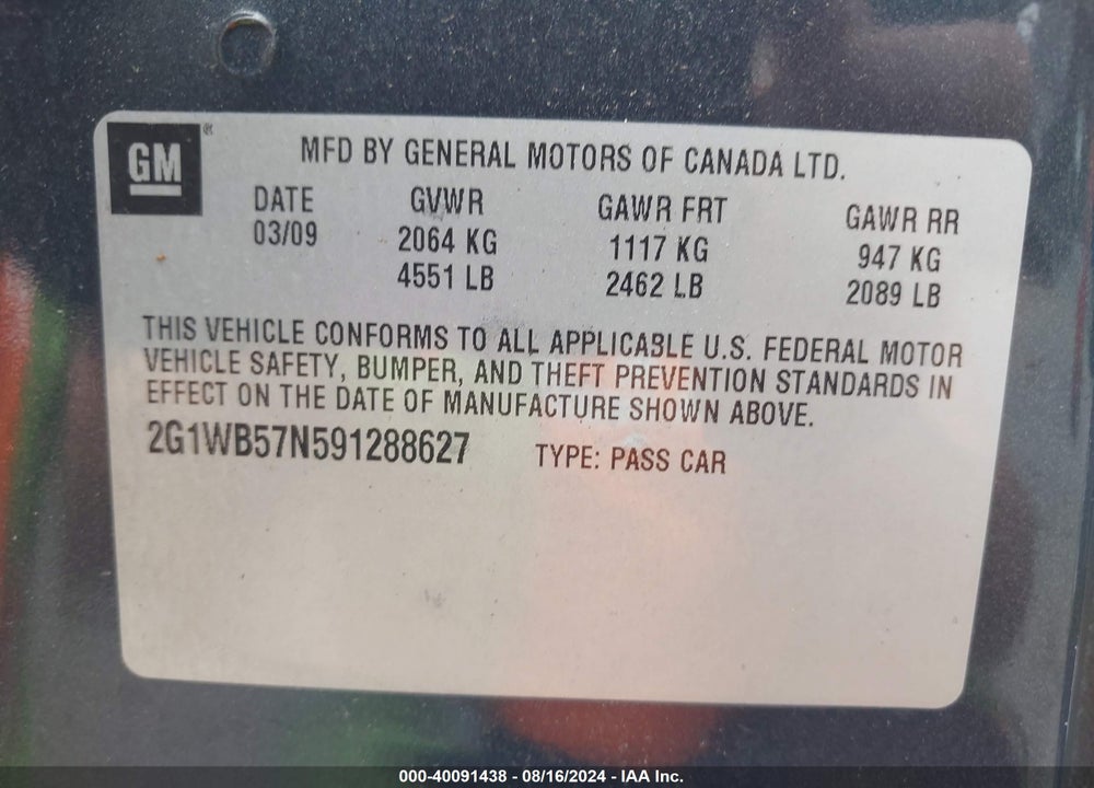 2009 CHEVROLET IMPALA LS VIN: 2G1WB57N591288627