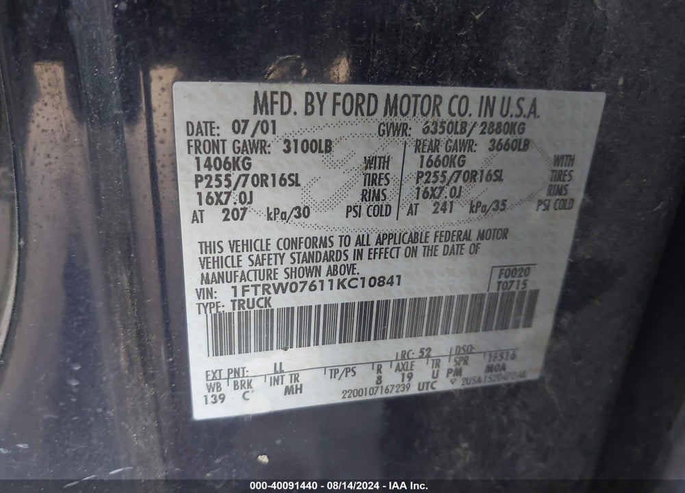 2001 FORD F-150 VIN: 1FTRW07611KC10841