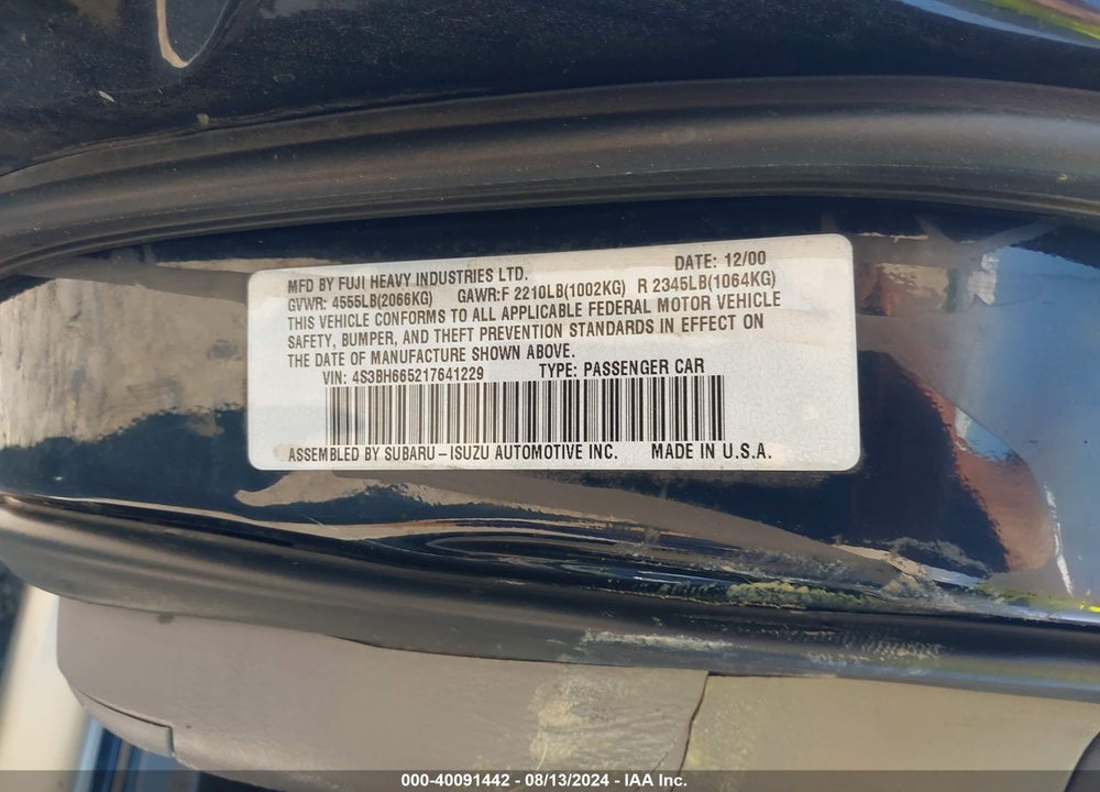 2001 SUBARU OUTBACK VIN: 4S3BH665217641229