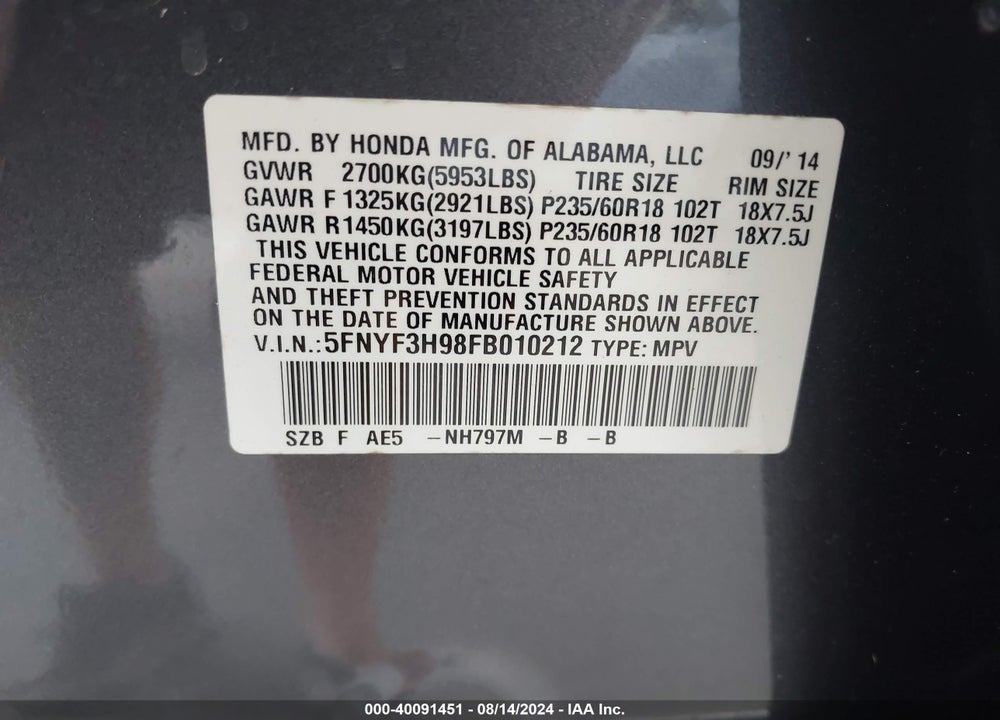 2015 HONDA PILOT TOURING VIN: 5FNYF3H98FB010212