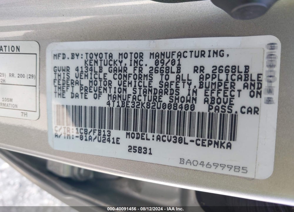 2002 TOYOTA CAMRY LE VIN: 4T1BE32K82U008400