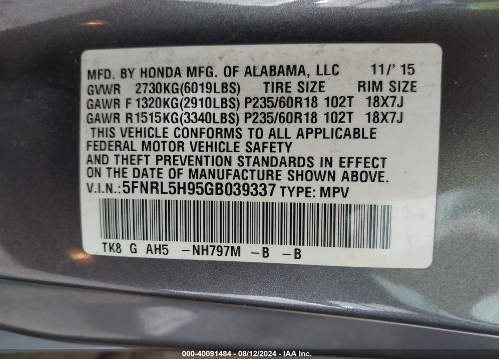 2016 HONDA ODYSSEY TOURING/TOURING ELITE VIN: 5FNRL5H95GB039337
