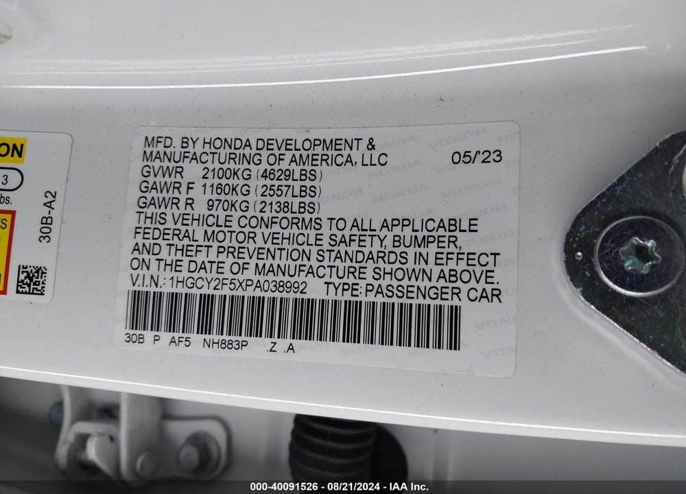 2023 HONDA ACCORD HYBRID SPORT VIN: 1HGCY2F5XPA038992