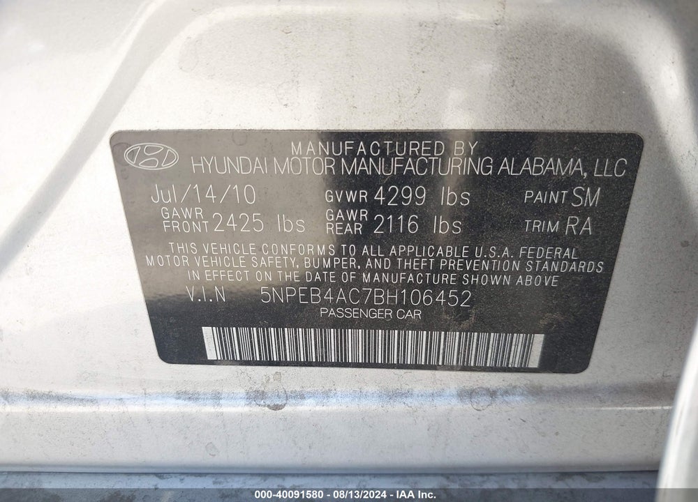 2011 HYUNDAI SONATA GLS VIN: 5NPEB4AC7BH106452