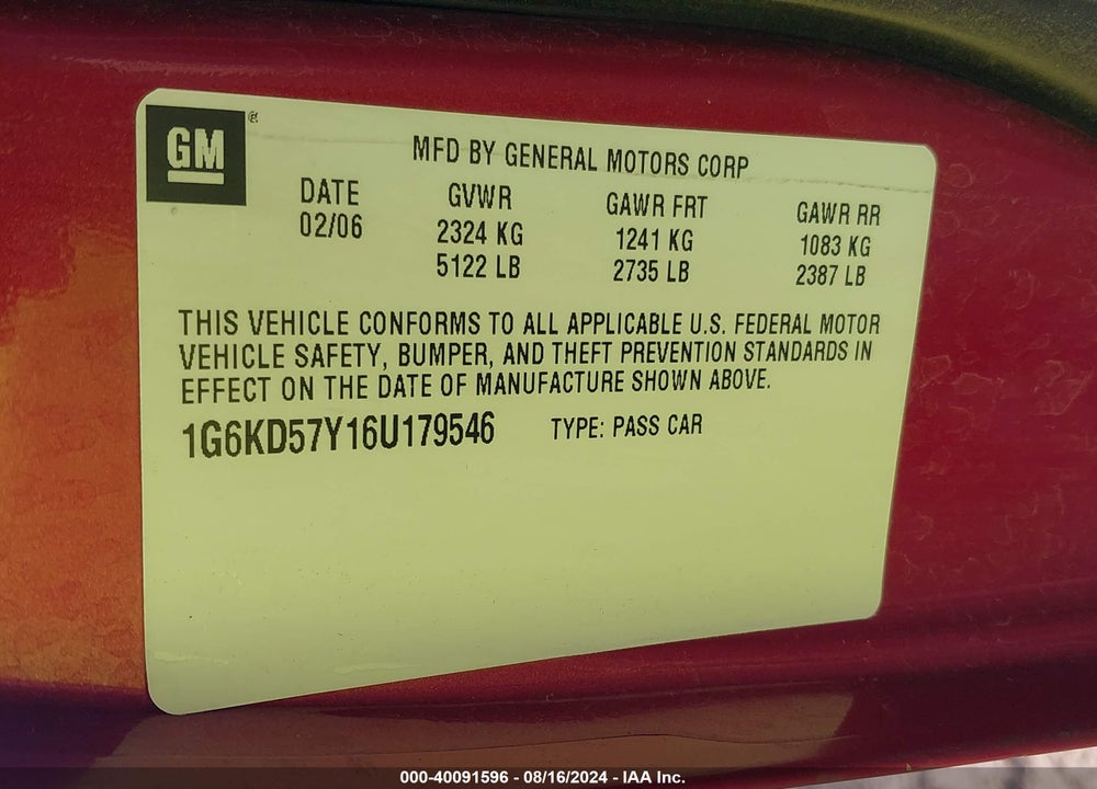 2006 CADILLAC DTS STANDARD VIN: 1G6KD57Y16U179546