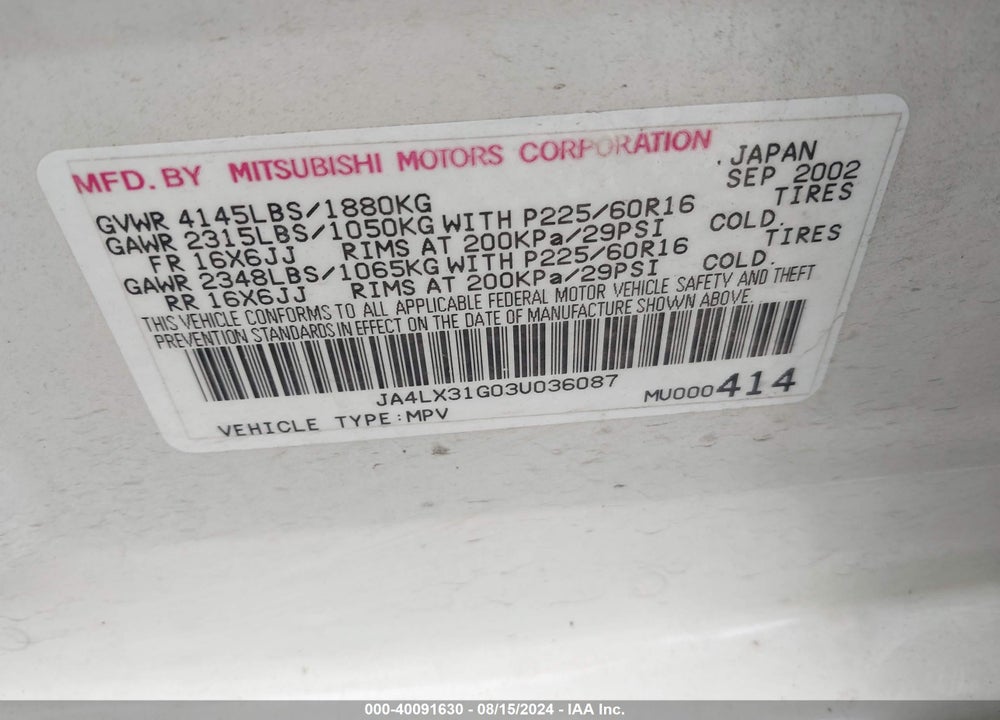 2003 MITSUBISHI OUTLANDER LS VIN: JA4LX31G03U036087