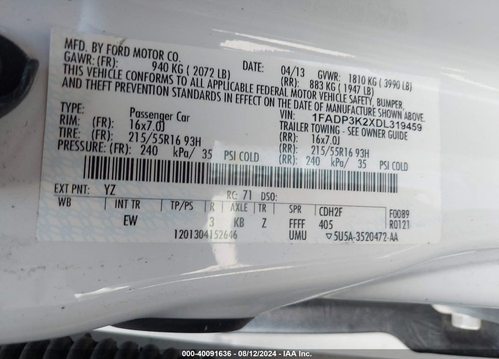 2013 FORD FOCUS SE VIN: 1FADP3K2XDL319459