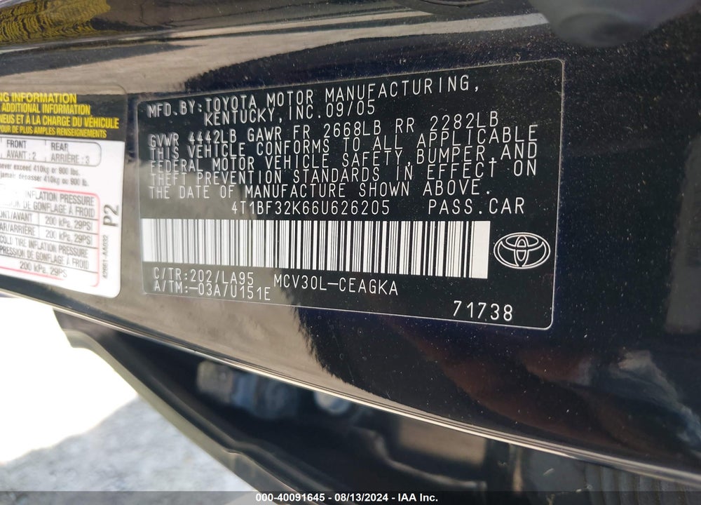 2006 TOYOTA CAMRY XLE V6 VIN: 4T1BF32K66U626205