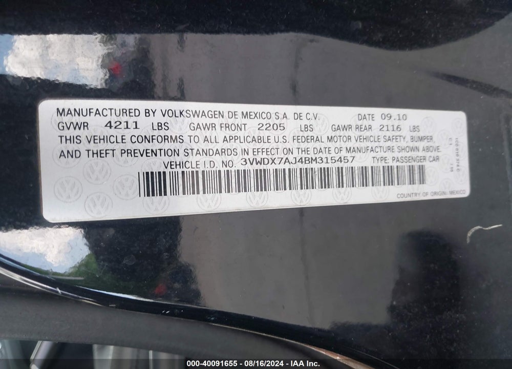 2011 VOLKSWAGEN JETTA 2.5L SE VIN: 3VWDX7AJ4BM315457