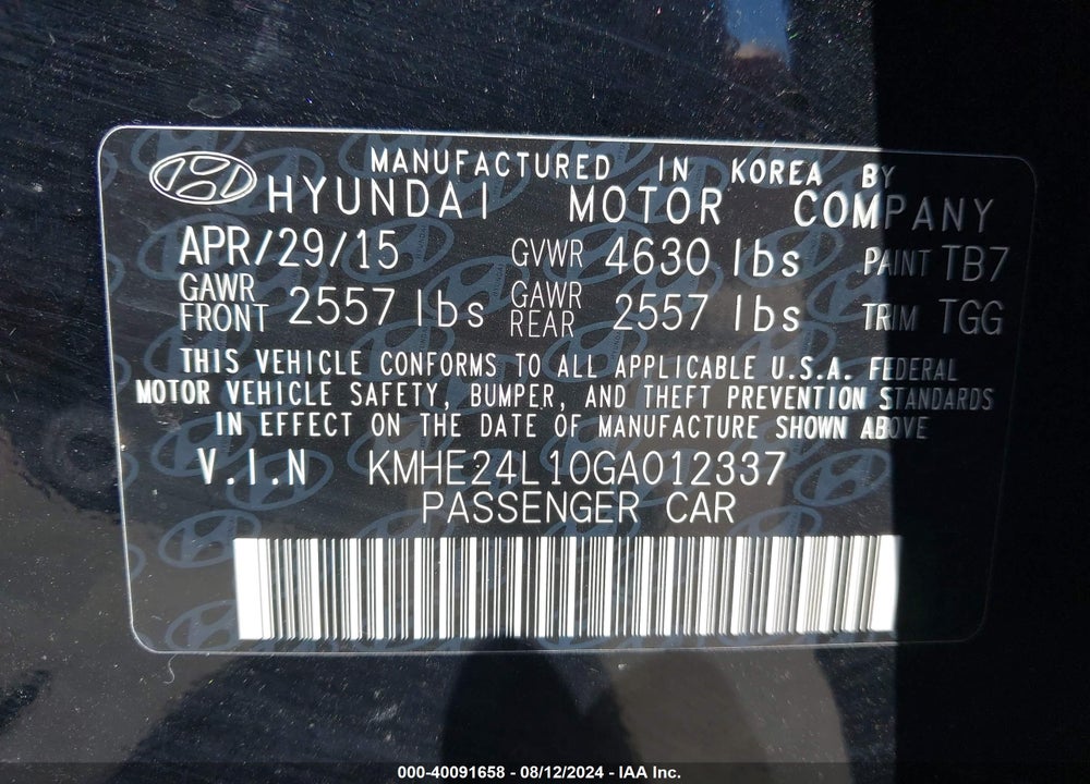 2016 HYUNDAI SONATA HYBRID SE VIN: KMHE24L10GA012337