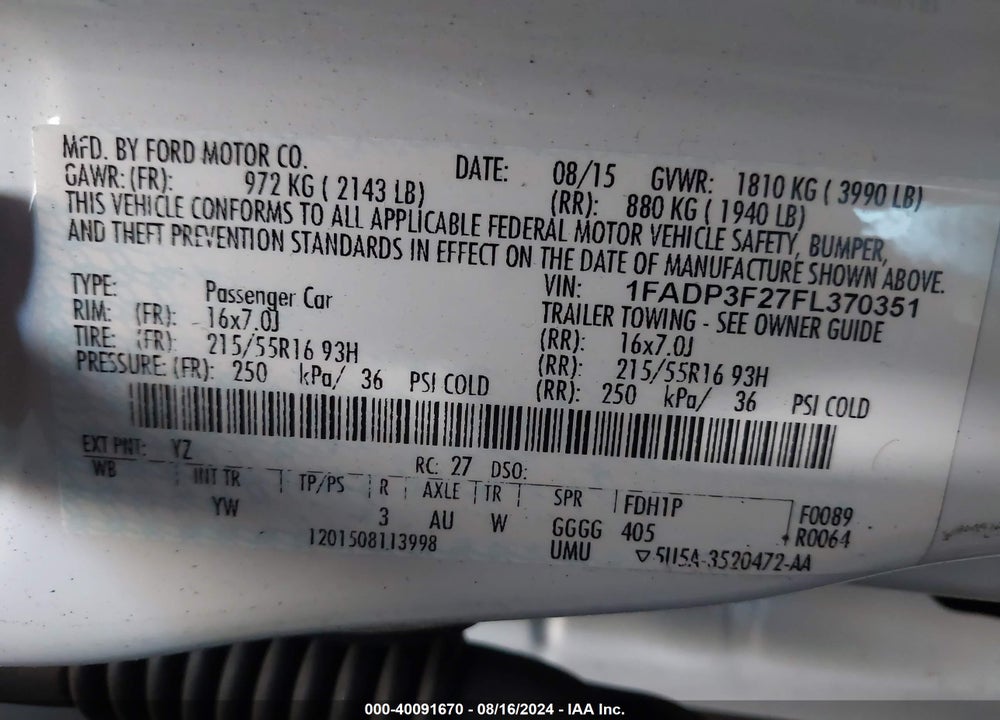 2015 FORD FOCUS SE VIN: 1FADP3F27FL370351