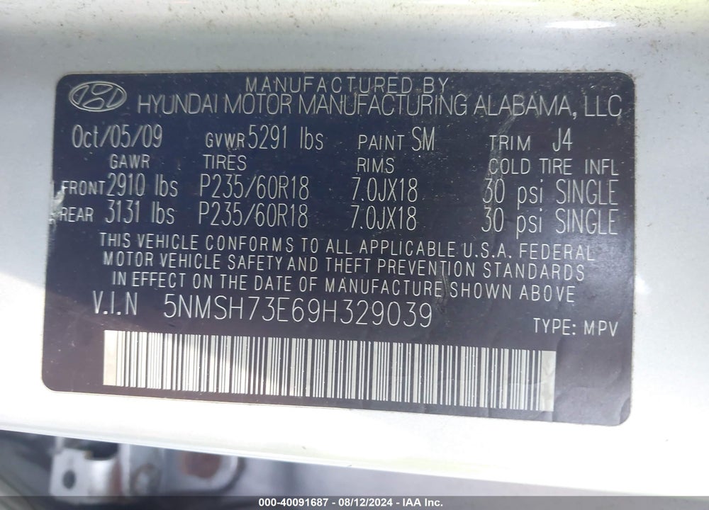 2009 HYUNDAI SANTA FE SE VIN: 5NMSH73E69H329039
